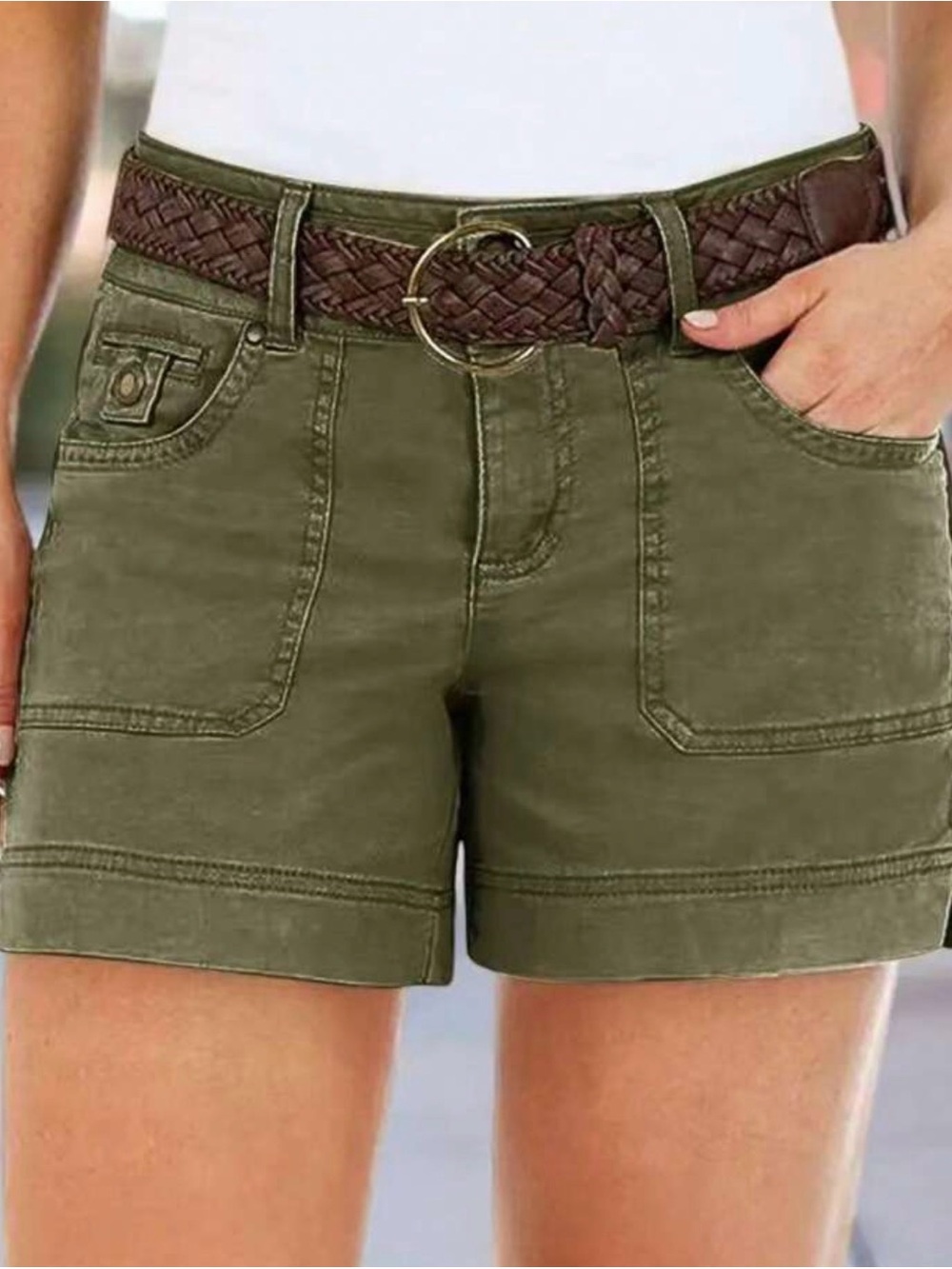 NEW Women's Olive Green Utility Shorts with Belt - Picture 2 of 6